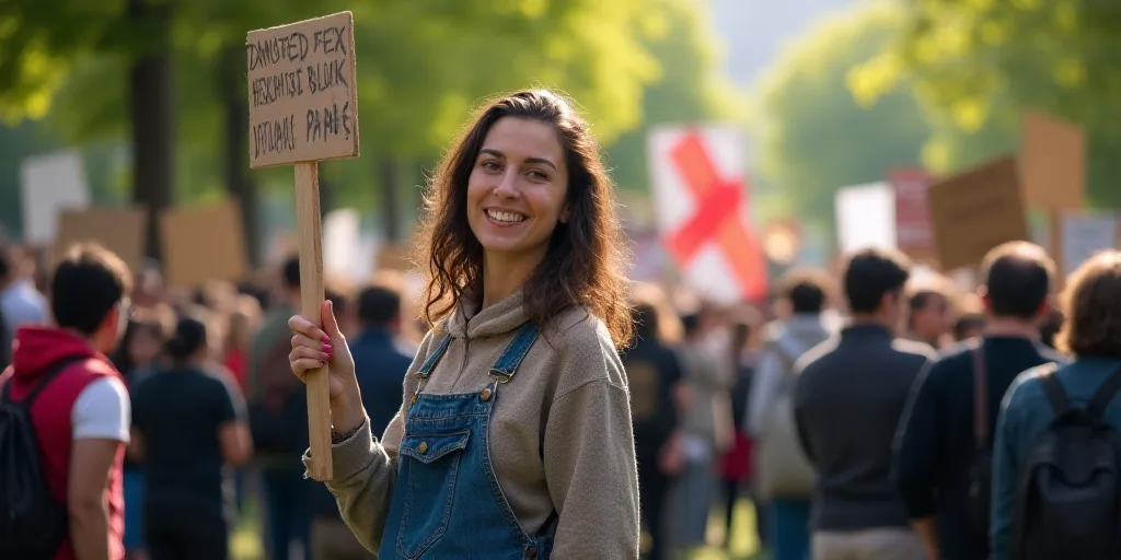 a woman holding a sign in a protest in a park with other people in the background and a crowd of peo