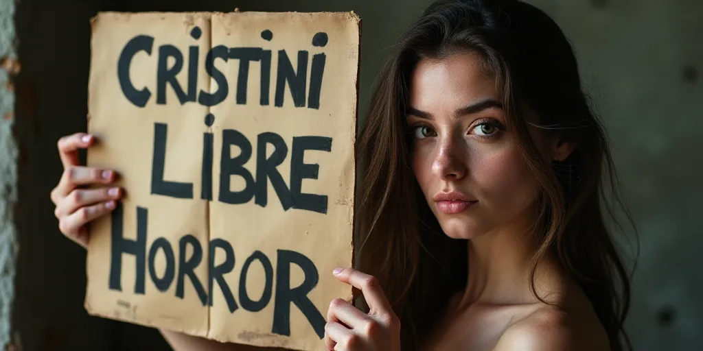 a woman holding a sign with a picture of a woman holding a sign that says cristinini libre, Celia Fi