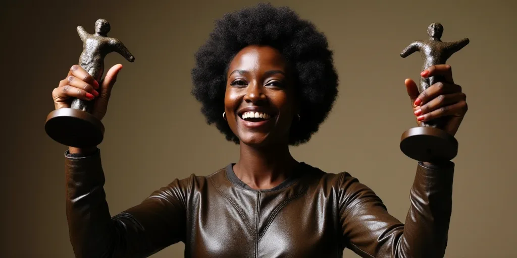 a woman holding two awards in her hands and smiling at the camera with her hands in the air,, Chinwe