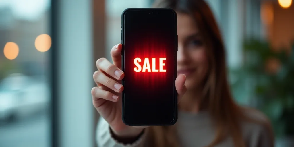 a woman holding up a cell phone with a hot sale on it in front of her face and a window, Andries Sto