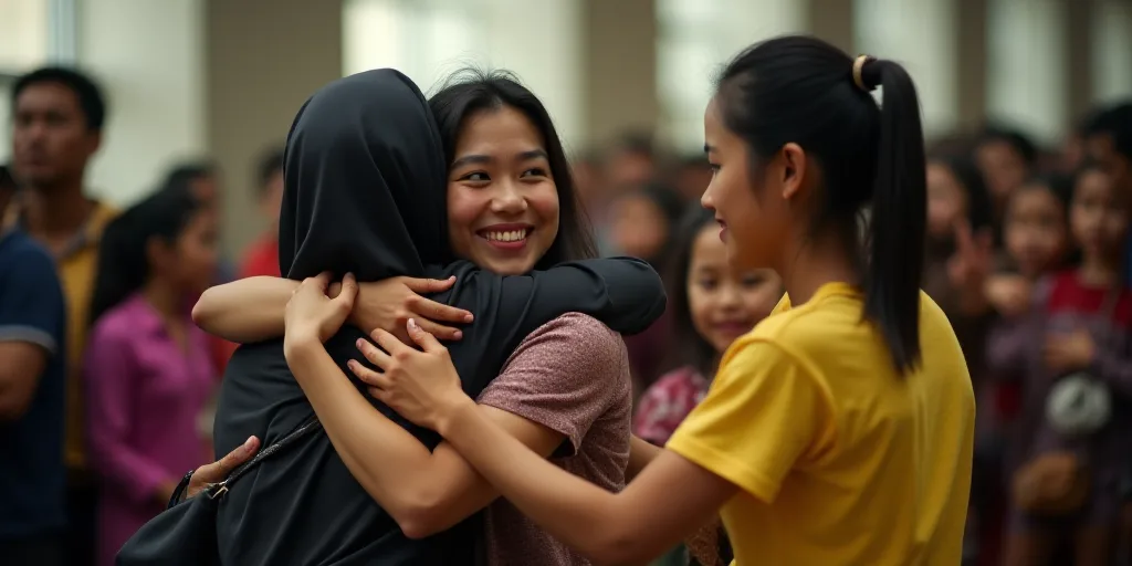 a woman hugging another woman in a room full of people and a woman in a yellow shirt is holding a ch