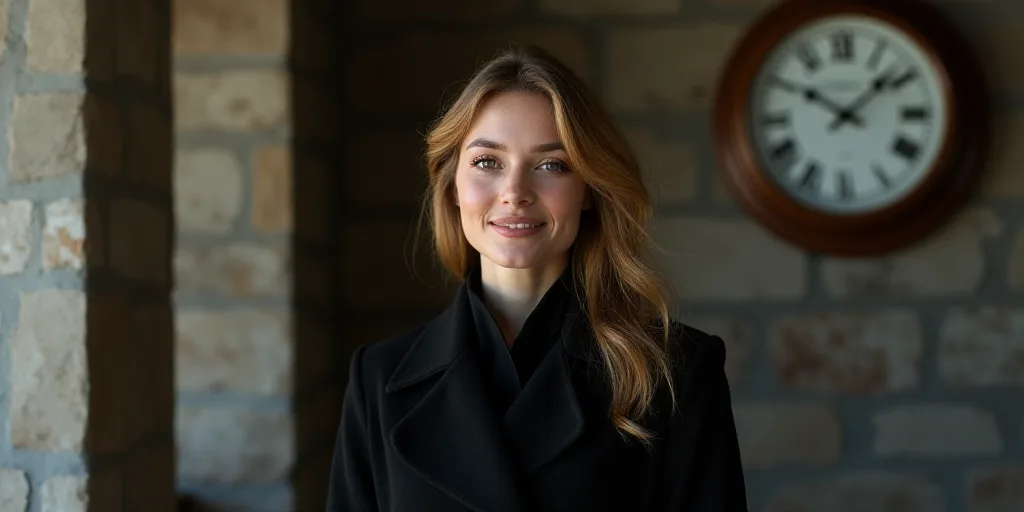 a woman in a black coat is smiling for the camera while standing in front of a wall with a clock, El