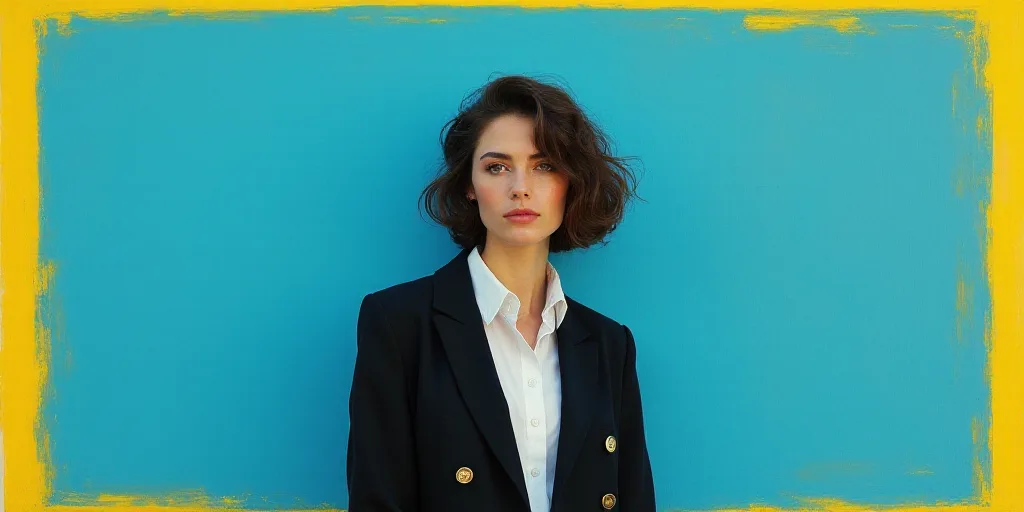 a woman in a black jacket and white shirt is standing in front of a blue background with a yellow bo