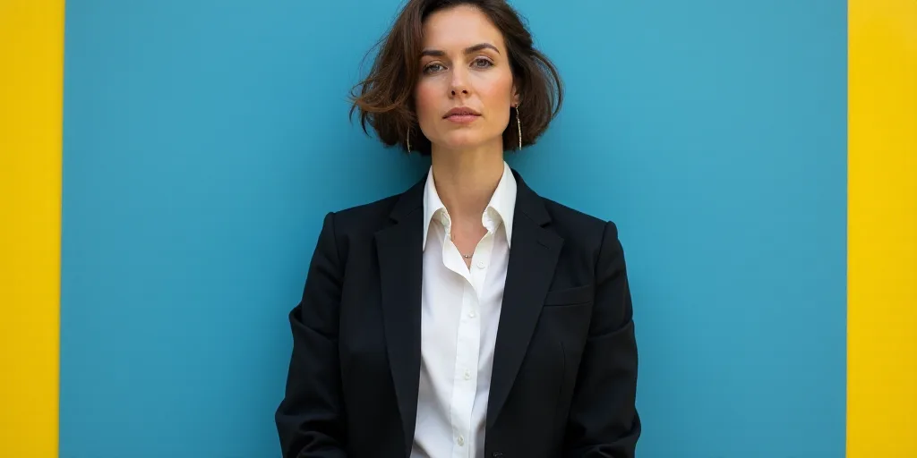 a woman in a black jacket and white shirt is standing in front of a blue background with a yellow bo