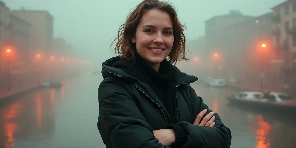 a woman in a black jacket is smiling for the camera with her arms crossed and her hands folded in fr