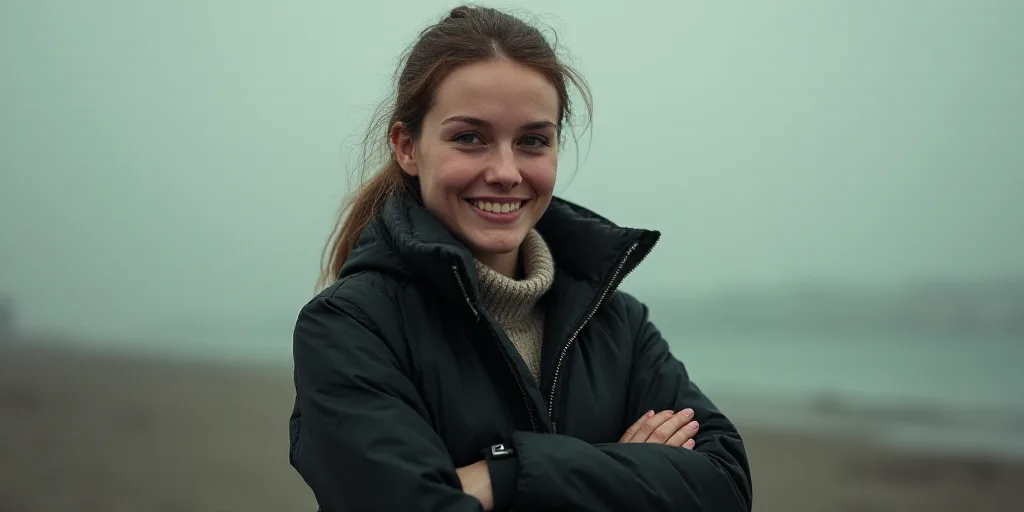 a woman in a black jacket is smiling for the camera with her arms crossed and her hands folded in fr