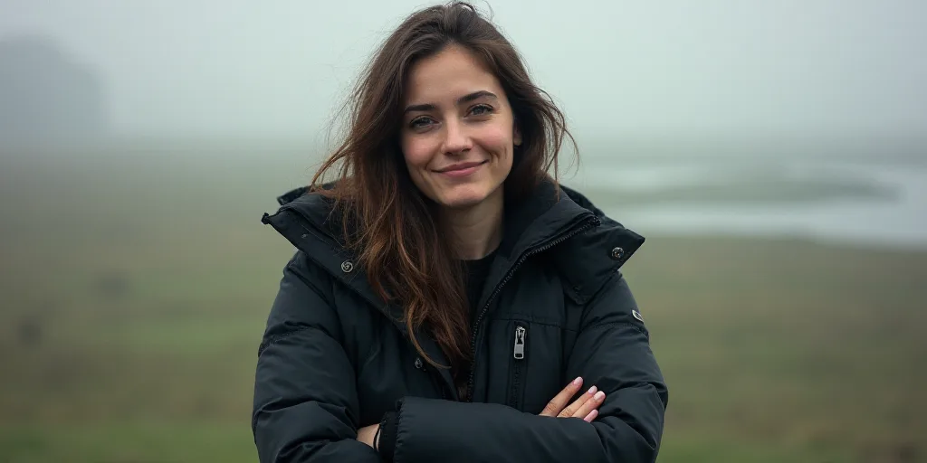 a woman in a black jacket is smiling for the camera with her arms crossed and her hands folded in fr