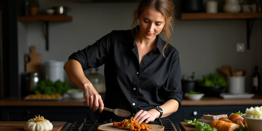 a woman in a black shirt is cooking food on a stove top with a spatula in her hand, Frances Jetter,
