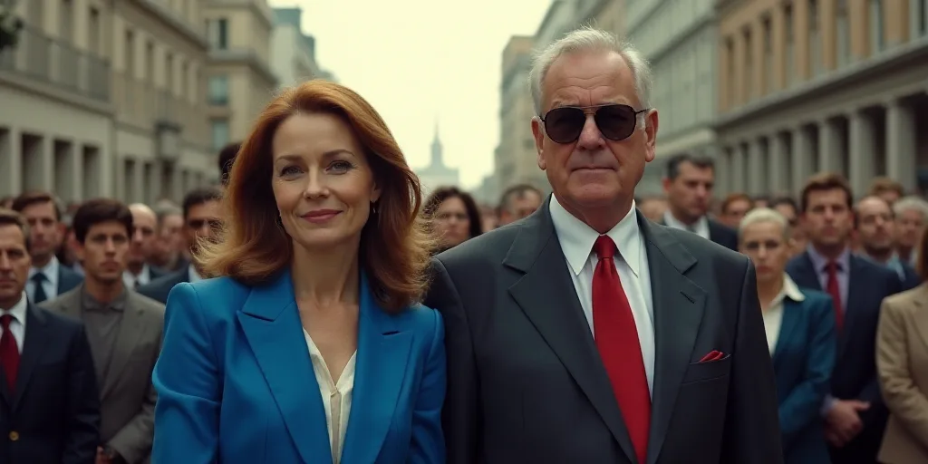 a woman in a blue suit and a man in a red tie and sunglasses are standing in front of a crowd of peo