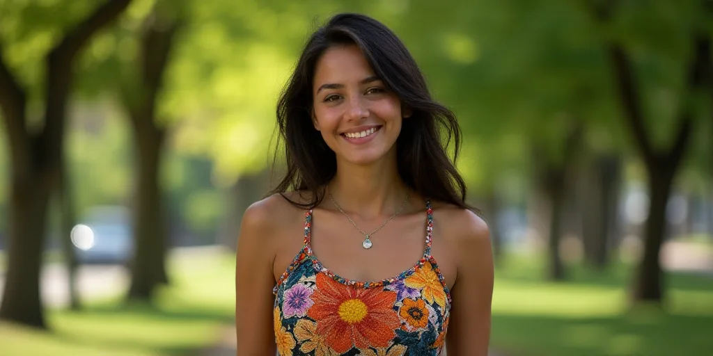 a woman in a colorful dress smiles for the camera while standing in a park with trees in the backgro