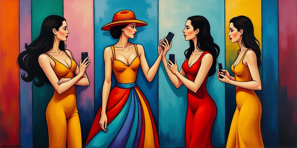 a woman in a colorful dress talking to two other women in front of flags and mirrors with a cell pho