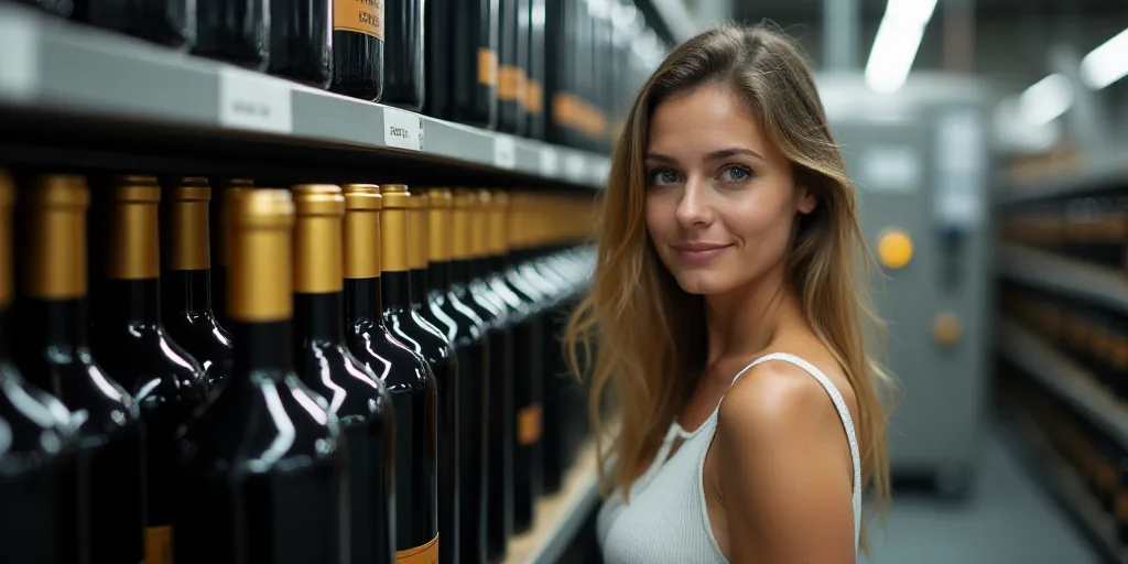 a woman in a factory with bottles of wine on a rack and a machine in the background with a lot of bo