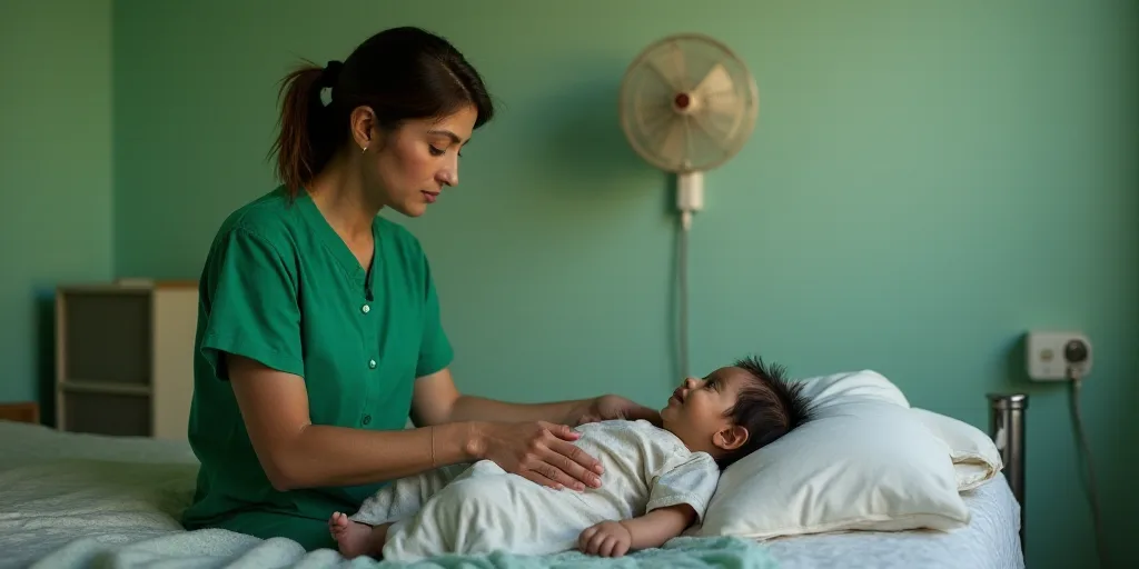 a woman in a green shirt is holding a baby in a bed with a fan and a fan on the wall, Ahmed Yacoubi,