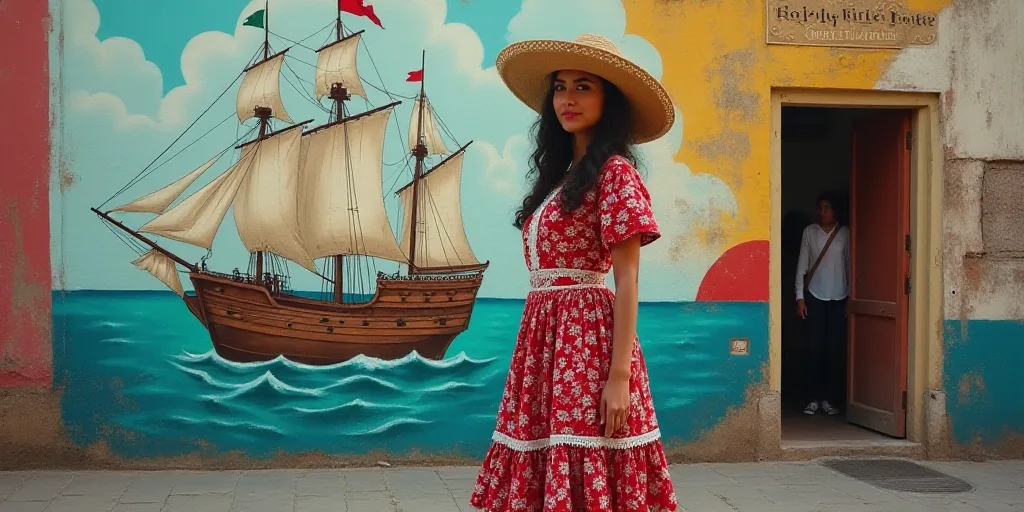 a woman in a mexican dress standing in front of a mural of a ship on the side of a building, Araceli