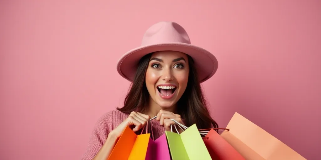 a woman in a pink hat holding shopping bags and smiling at the camera with a surprised look on her f