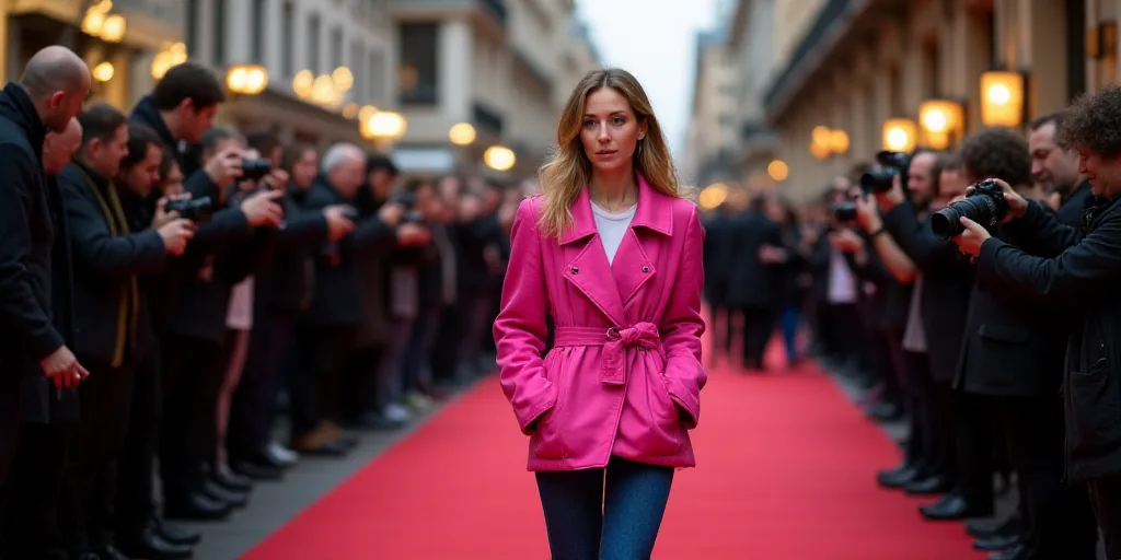 a woman in a pink jacket is surrounded by photographers and photographers on a red carpeted area wit