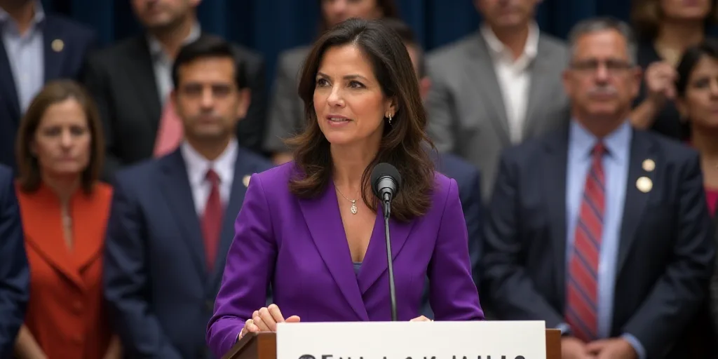 a woman in a purple suit speaking at a podium with a microphone in front of her and a sign behind he