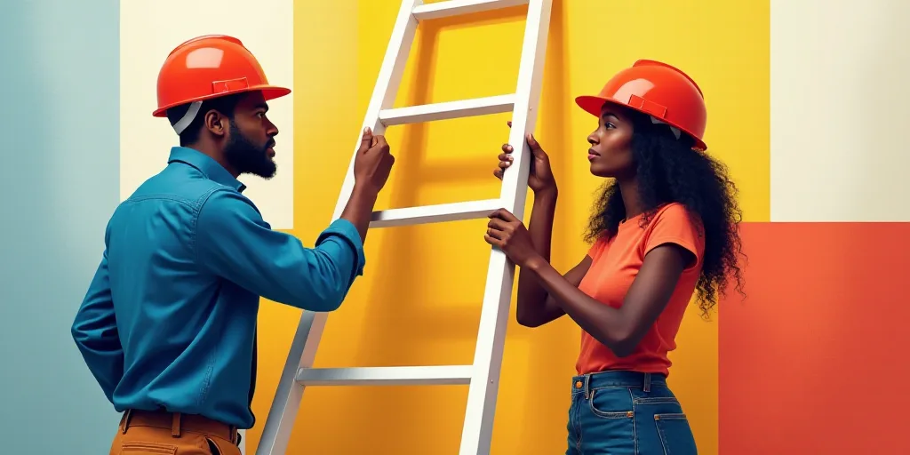 a woman in a red hat and a man in a blue shirt are working on a building site with a ladder, Afewerk