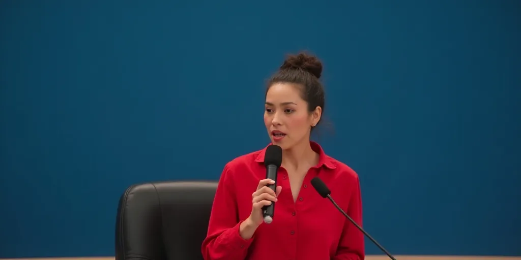 a woman in a red shirt is speaking into a microphone and a chair behind her is a blue wall, Eva Gonz