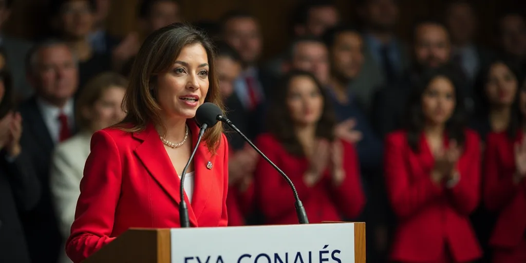 a woman in a red suit speaking at a podium with a microphone in front of her and a sign behind her,