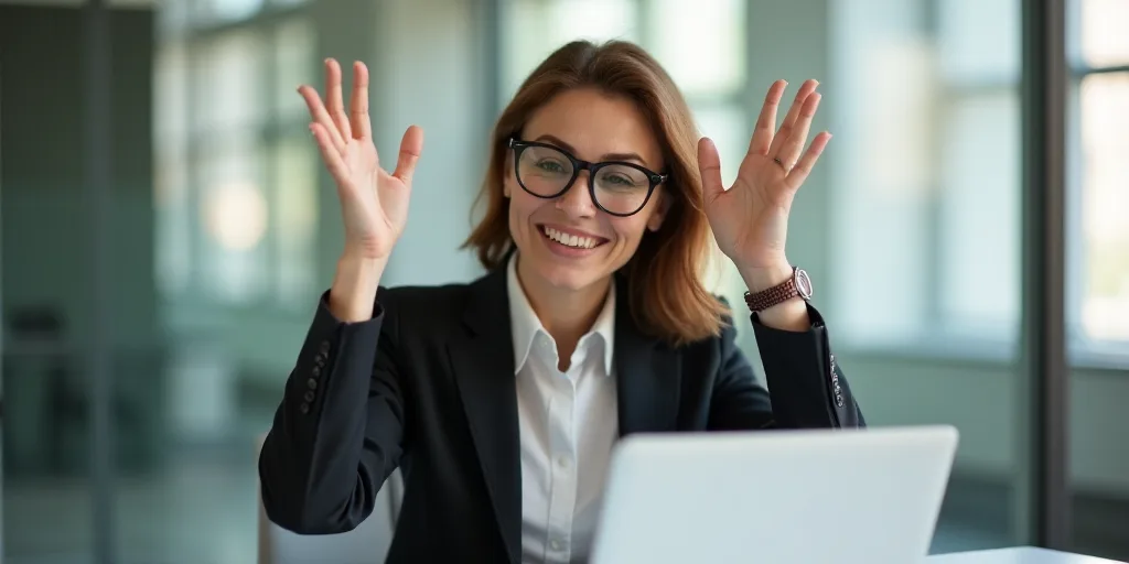 a woman in a suit and glasses holds her hands up in the air while sitting at a table with a laptop,