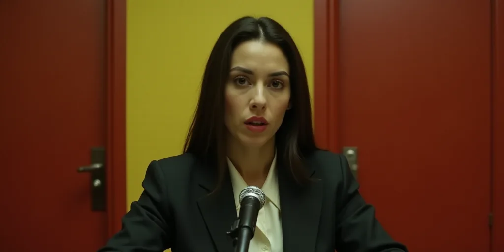 a woman in a suit speaking into a microphone in a room with a red door and a yellow wall, Eva Gonzal