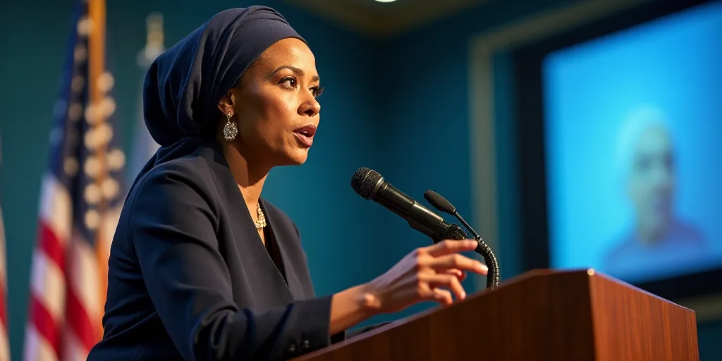 a woman in a turban speaking at a podium with a microphone in front of her and a screen behind her,