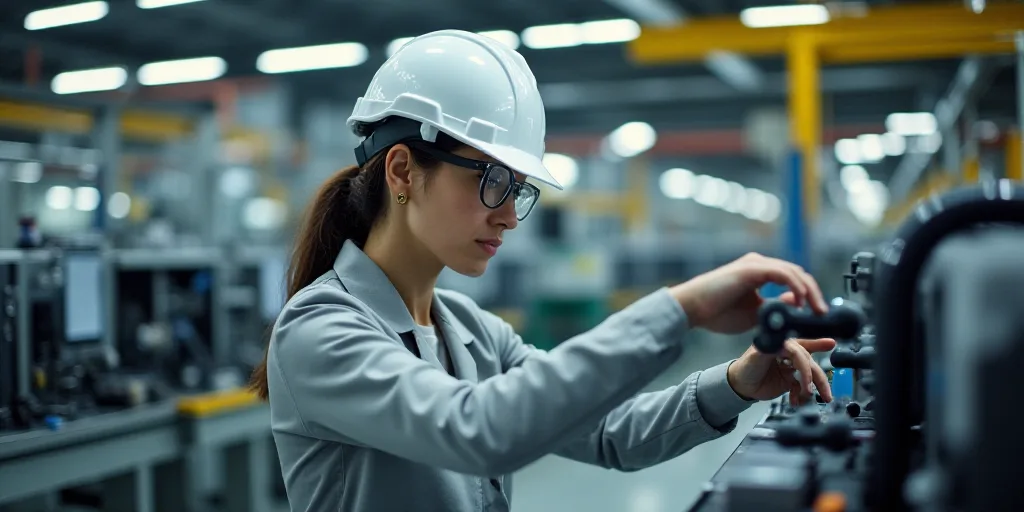 a woman in a white hard hat and glasses working on a machine in a factory with other machines in the