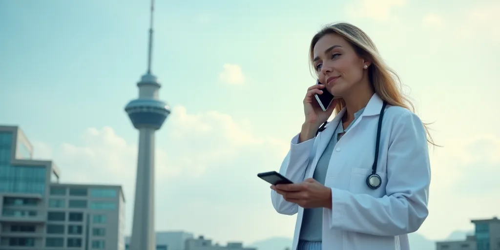 a woman in a white lab coat is on a cell phone and is next to a tower with a logo, Ceferí Olivé, w