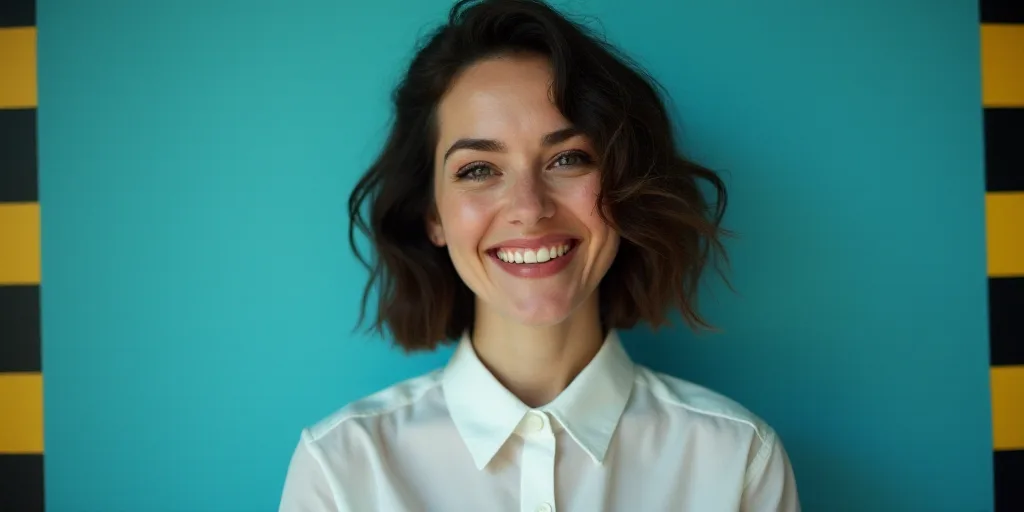 a woman in a white shirt is smiling for the camera with a blue background and a black and yellow bor