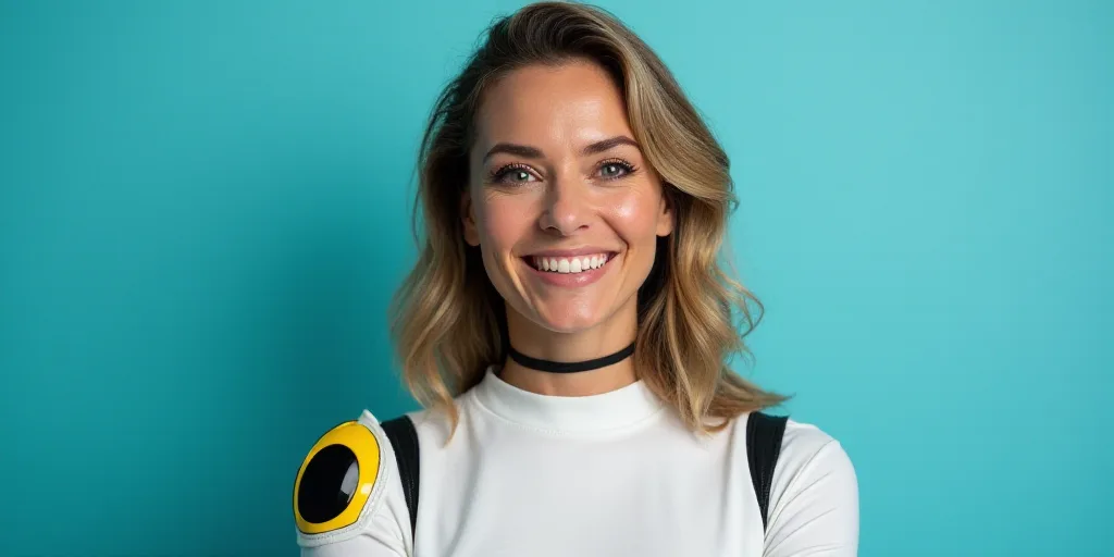 a woman in a white top is smiling for the camera with a blue background and a black and yellow borde