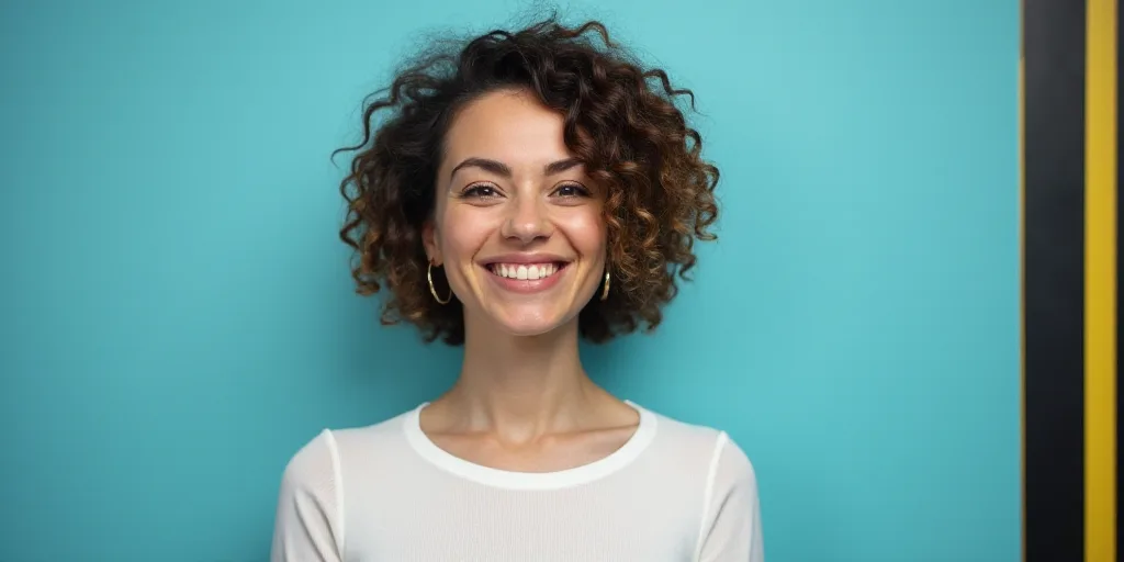 a woman in a white top is smiling for the camera with a blue background and a black and yellow borde