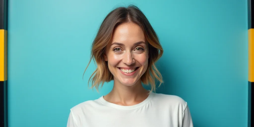 a woman in a white top is smiling for the camera with a blue background and a black and yellow borde