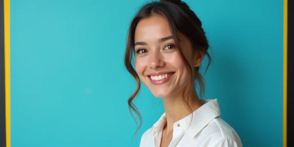 a woman in a white top is smiling for the camera with a blue background and a black and yellow borde