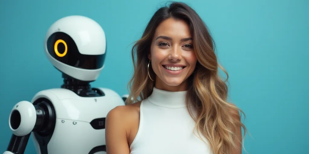 a woman in a white top is smiling for the camera with a blue background and a black and yellow borde