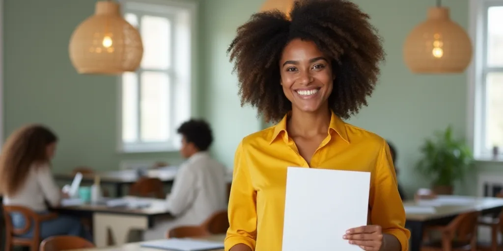 a woman in a yellow shirt is holding a piece of paper and smiling at the camera while standing in a
