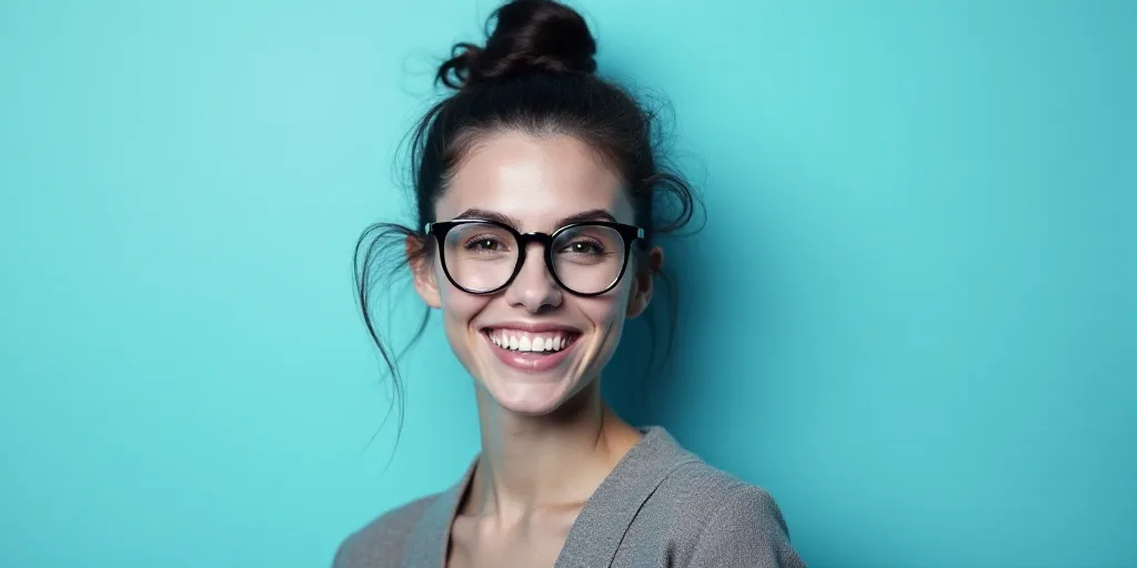 a woman in glasses is smiling for the camera with a blue background and a black and white photo of h
