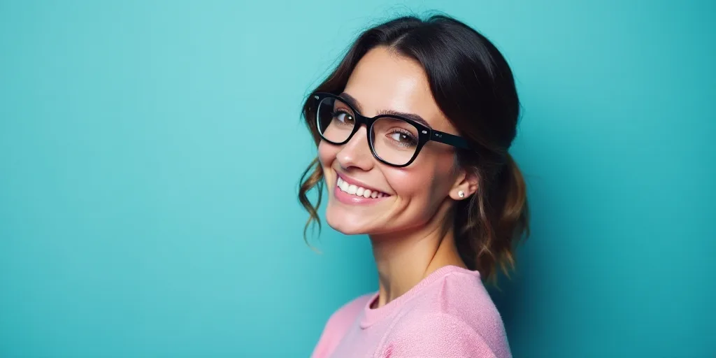 a woman in glasses is smiling for the camera with a blue background and a black and white photo of h