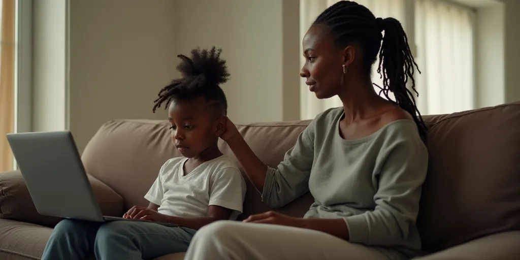 a woman is brushing her son's hair while he is on the couch with a laptop and a laptop, Chinwe Chukw