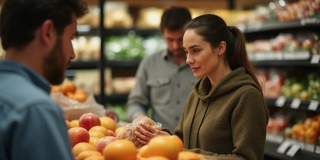 a woman is looking at a bag of food in a store with a man in the background looking at the food, Eve
