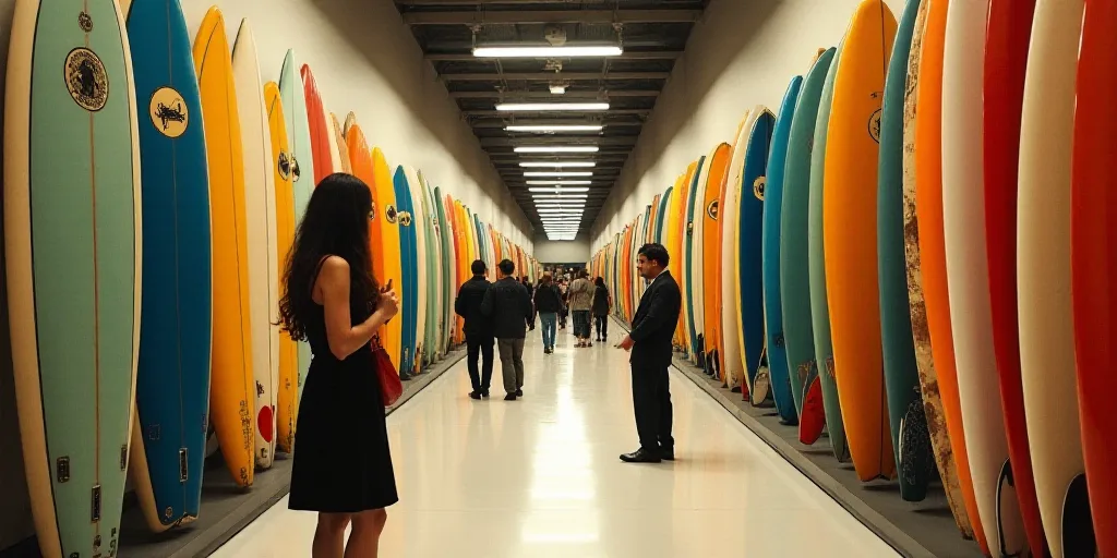 a woman is looking at a display of surfboards in a store aisle with people in the background looking