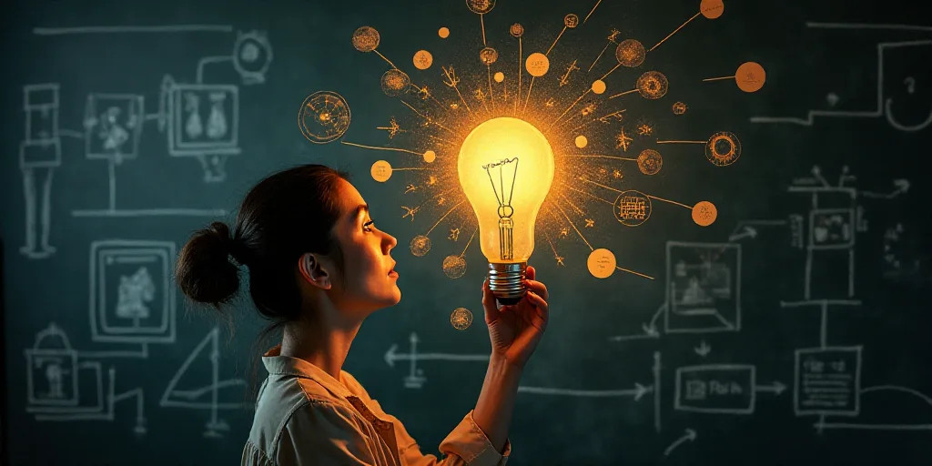 a woman is looking at a light bulb with many symbols around her head and a blackboard with diagrams
