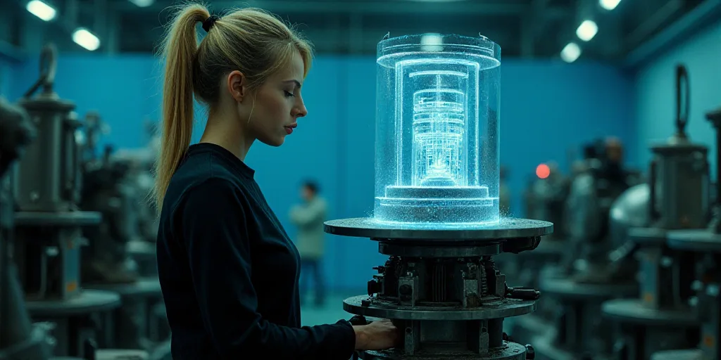 a woman is looking at a machine in a factory or workshop with a lot of machinery behind her and a bl