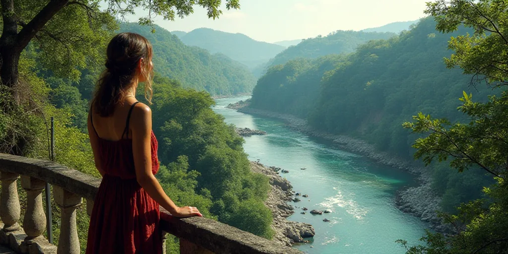 a woman is looking out over a river from a bridge over looking a river with trees and rocks on it, E