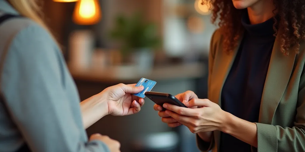 a woman is paying a credit card from a mobile phone while another woman is holding a cell phone in h