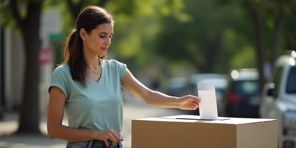 a woman is putting a voting paper into a box that is outside on the street with trees in the backgro