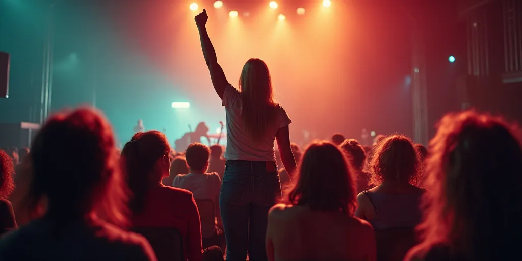 a woman is raising her fist in the air while others watch her on stage at a volunteer's conference,