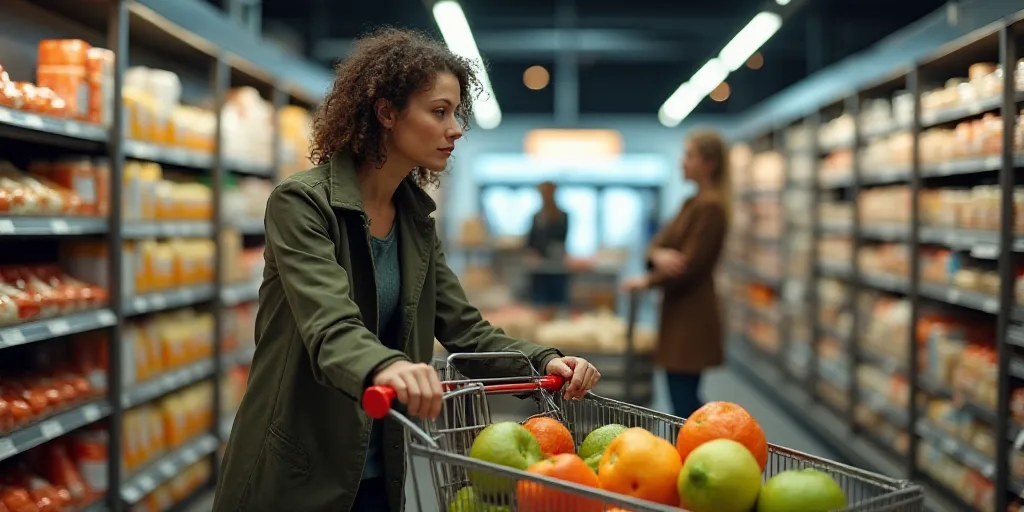 a woman is shopping in a grocery store with a shopping cart full of food items and a woman is lookin
