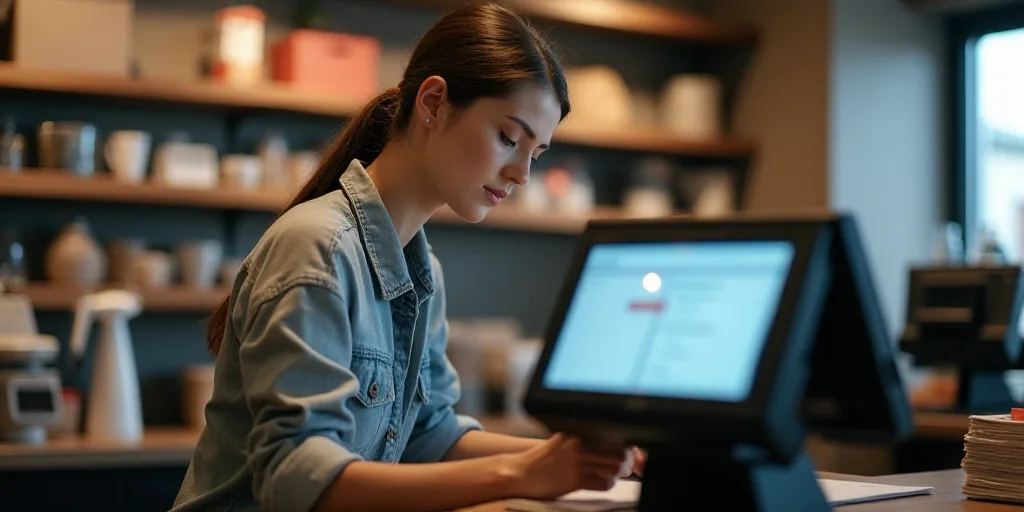 a woman is sitting at a cash register in a store and she is looking at the screen of the machine, An