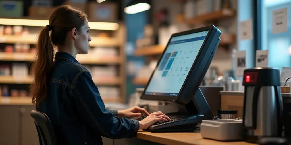 a woman is sitting at a cash register in a store and she is looking at the screen of the machine, An